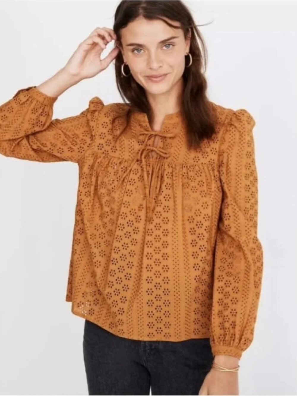 Madewell Eyelet Double Tie Dark Mustard Yellow Peasant Top Size Medium